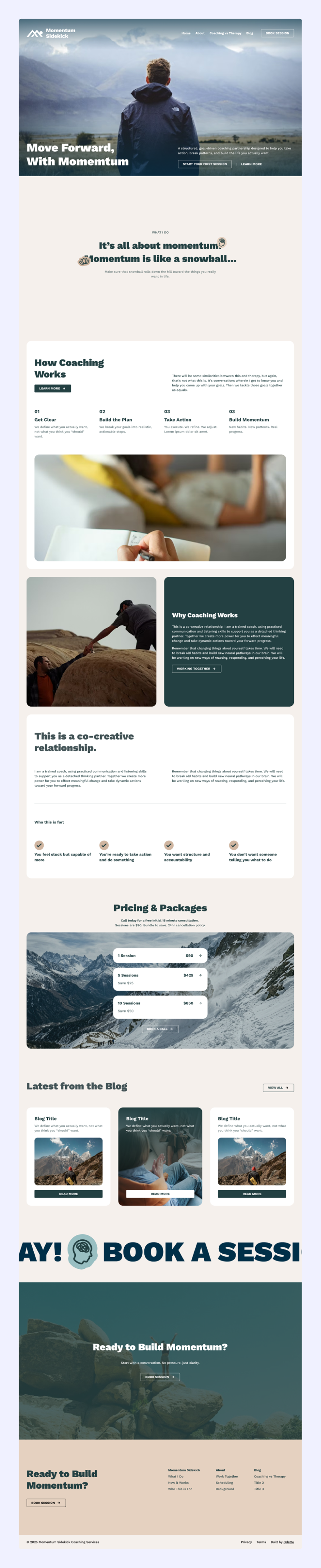 Website landing page for Momentum Sidekick featuring a man in a jacket looking at mountains, coaching process overview, pricing packages, blog previews, and call-to-action buttons to book a session.