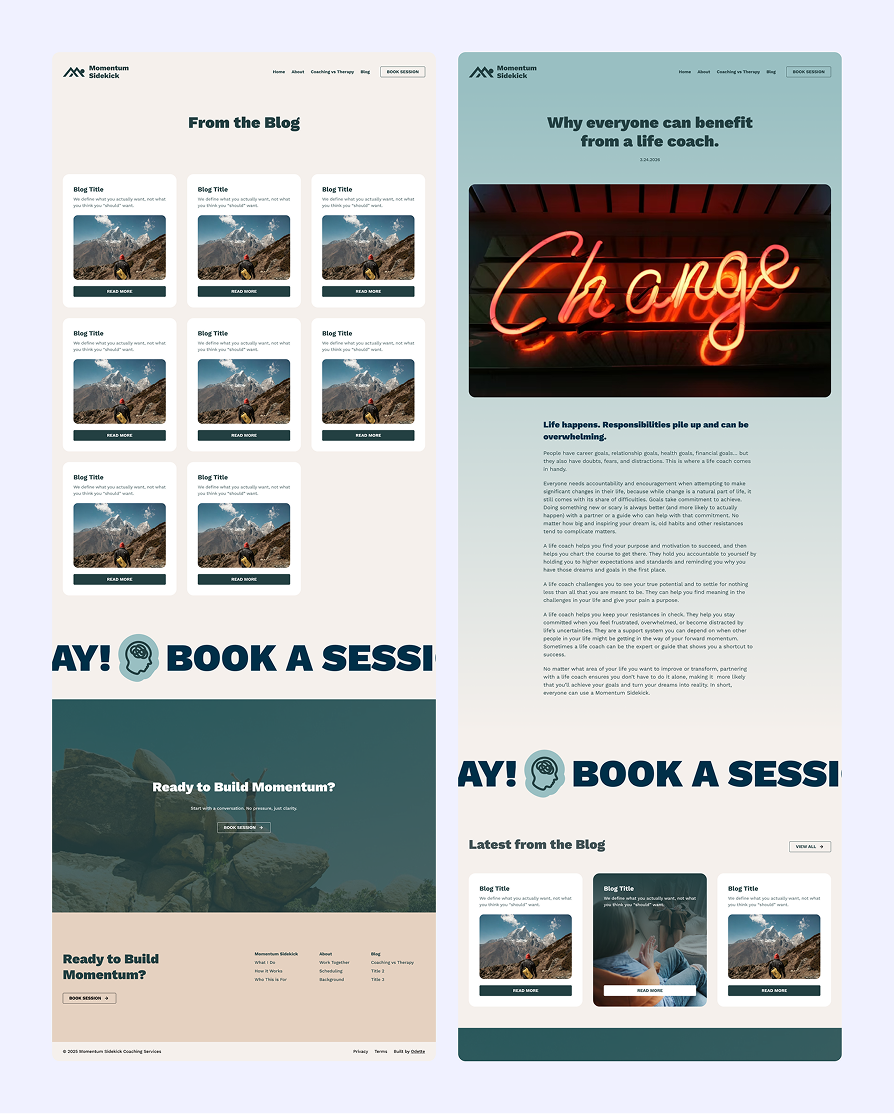 Website blog pages for Momentum Sidekick featuring blog post thumbnails with mountain images, a neon 'Change' sign, and sections for booking coaching sessions.