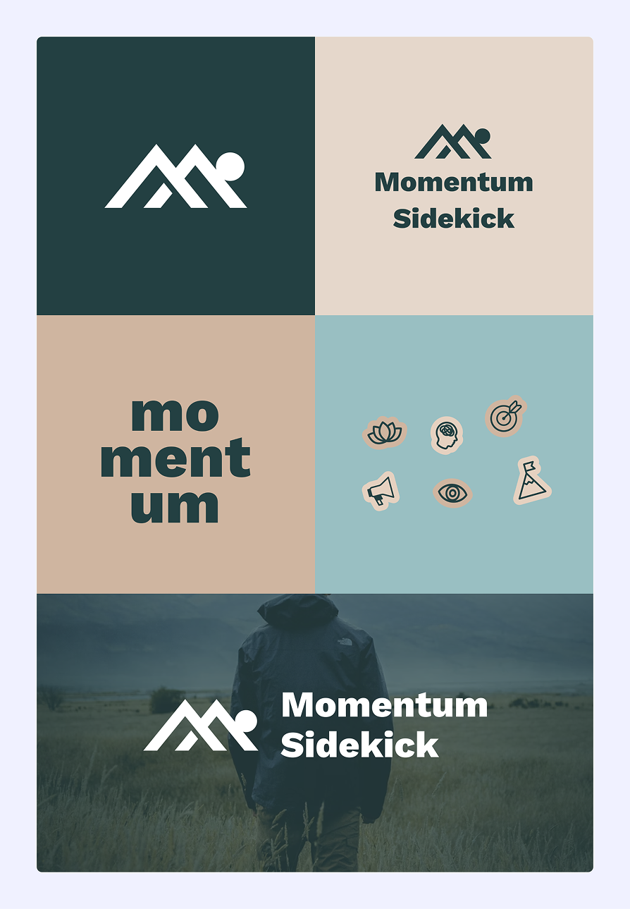 Visual identity collage featuring Momentum Sidekick logo variations including a stylized 'M' with a dot, the words 'Momentum Sidekick', icons of a lotus, brain, target, megaphone, eye, and flag, and a person in outdoor gear walking in a grassy landscape.