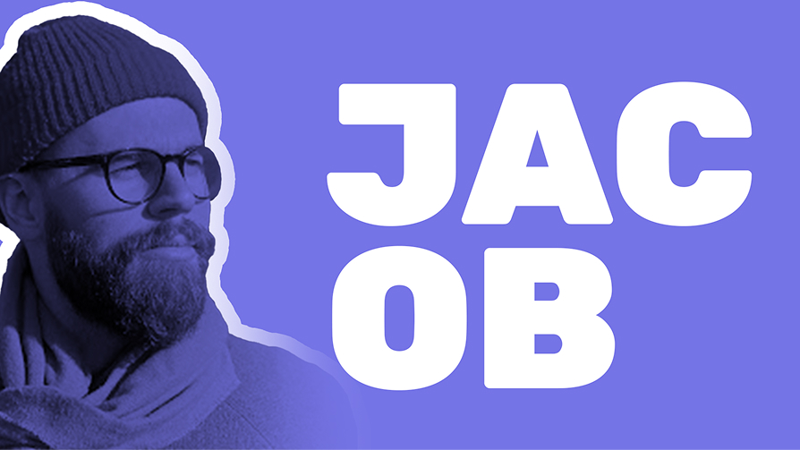 Cut-out portrait of Jacob in a beanie and round glasses beside his name set in large type.