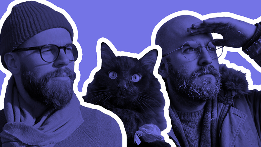 Cut-out portraits of Jacob and Lucas Johnson either side of Odette, a black cat, on a flat purple background.