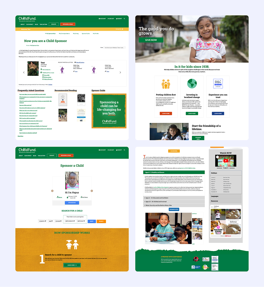 ChildFund website pages showing child sponsorship options, a smiling girl, sponsorship benefits, and how sponsorship works.