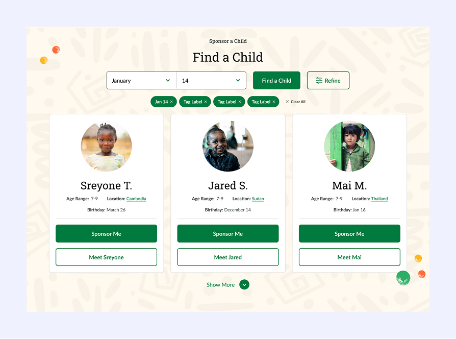 Website interface to sponsor a child showing profiles of Sreyone T. from Cambodia, Jared S. from Sudan, and Mai M. from Thailand, with age ranges, birthdays, and buttons to sponsor or meet each child.