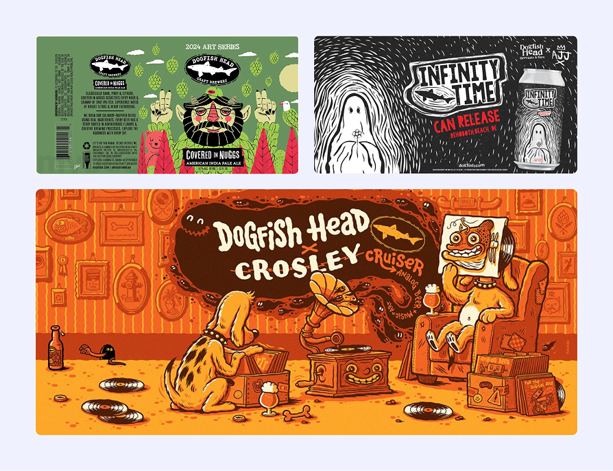 Three Dogfish Head beer label designs featuring colorful, cartoonish illustrations: a bearded man with hops and hands making rock signs, a ghost with a flower and the text Infinity Time, and a retro scene with a dog listening to a gramophone and a character with a box on its head in an orange room.