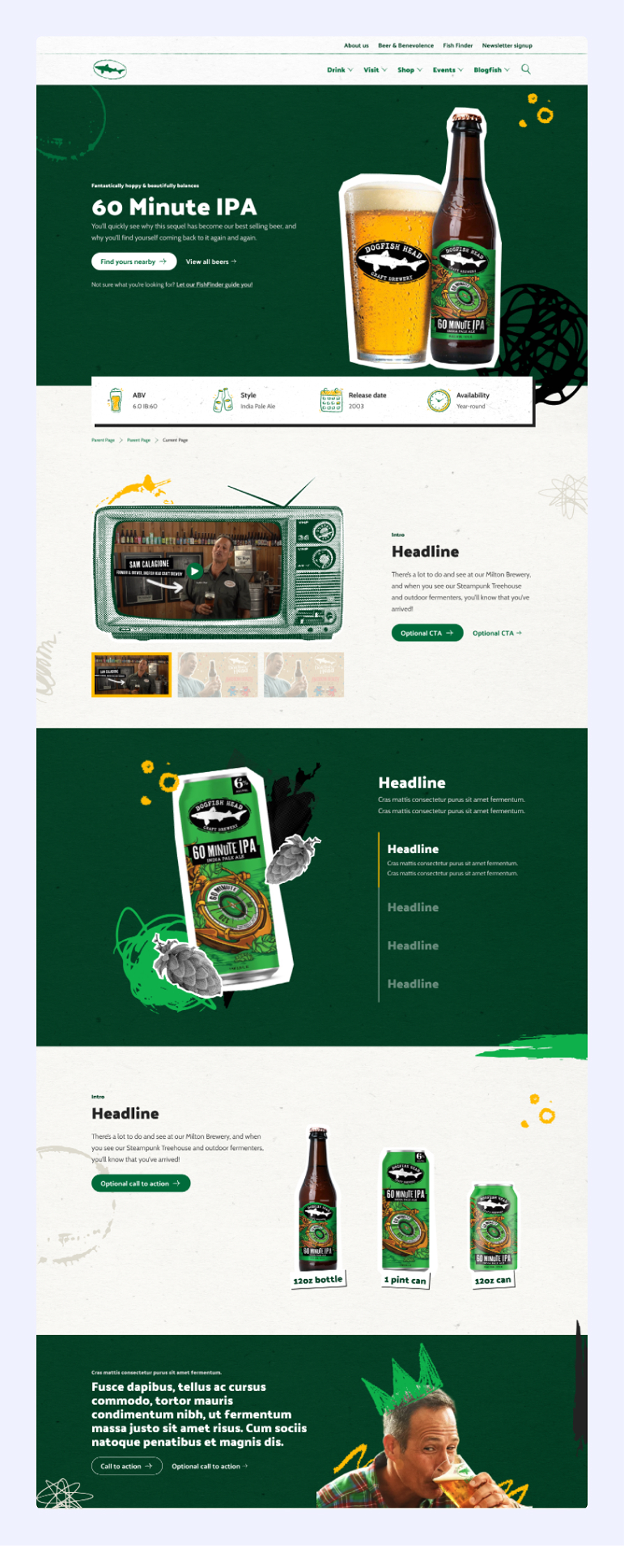 Dogfish Head 60 Minute IPA webpage showing beer bottle and glass, beer details, video section, can design, packaging options, and a man drinking beer.