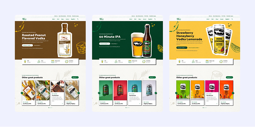 Screenshot of a product webpage displaying three Dogfish Head flavored vodka varieties: Roasted Peanut Flavored Vodka, Go Minute IPA beer, and Strawberry Honeyberry Vodka Lemonade, each with descriptions, images, and a section for other related products below.