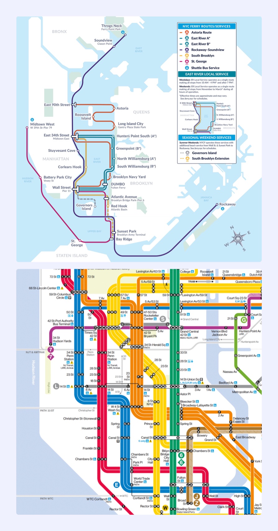 The official NYC Ferry route map above and the MTA subway map below, shown for comparison. The ferry map is geographic and the subway map is a diagram with bold colored lines.