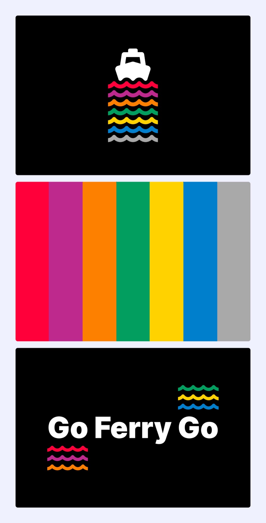 Go Ferry Go branding: a white ferry icon over stacked wave lines in seven route colors on black, a strip of the seven colors, and the Go Ferry Go wordmark with wave marks on black.