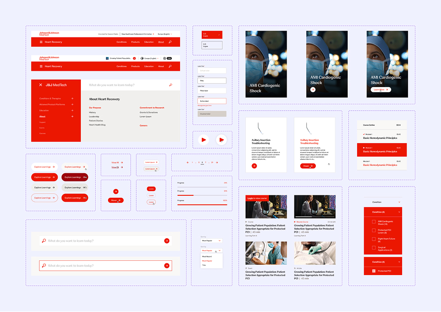 UI design mockup for a medical education platform featuring navigation menus, search bars, filters, progress bars, course cards with images, and call-to-action buttons in red and white theme.