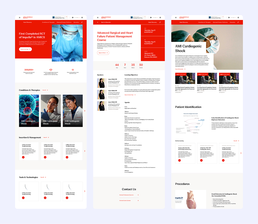 Three webpage screenshots showing medical content on Impella heart treatments, patient management course details with speakers and agenda, and AMI cardiogenic shock information with patient identification and procedures.