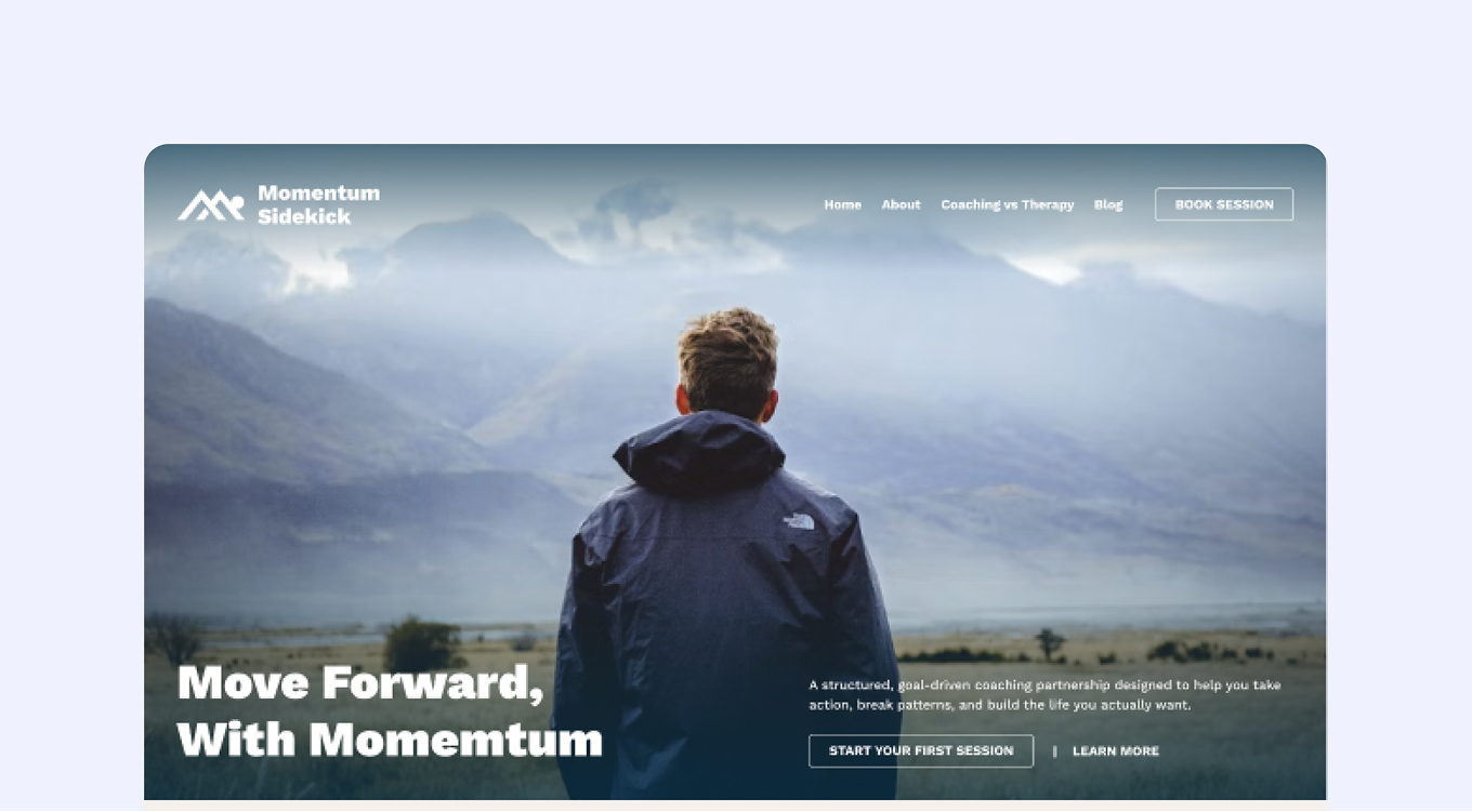 Person in a dark outdoor jacket looking towards misty mountains under a cloudy sky, with text promoting Momentum Sidekick coaching services.