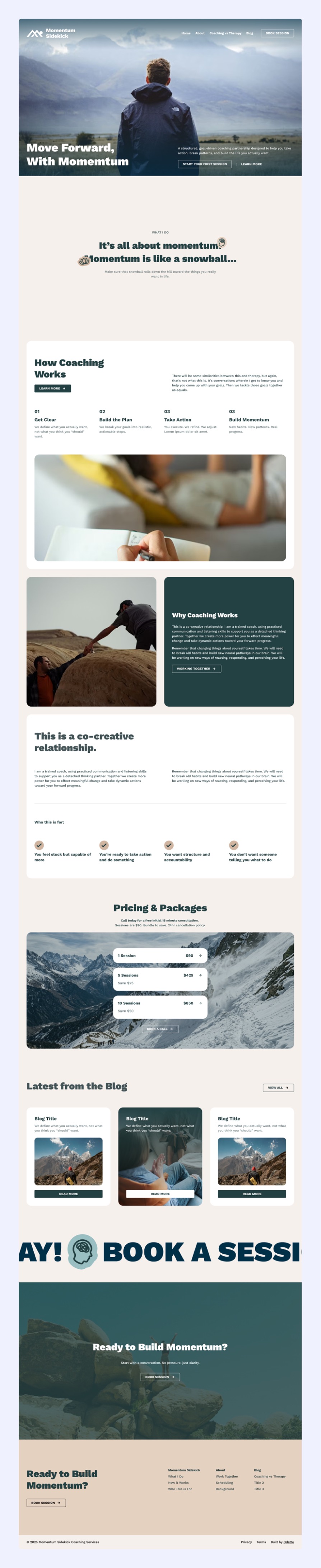 Website landing page for Momentum Sidekick featuring a man in a jacket looking at mountains, coaching process overview, pricing packages, blog previews, and call-to-action buttons to book a session.