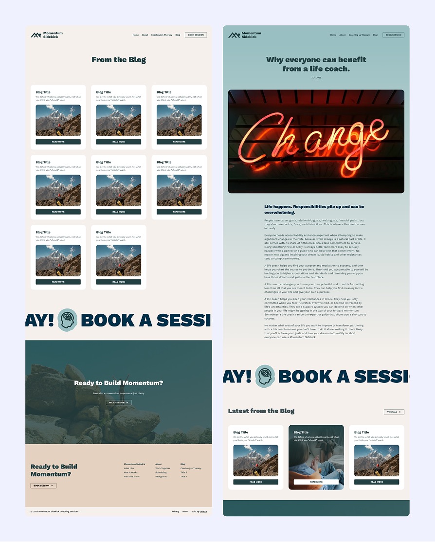 Website blog pages for Momentum Sidekick featuring blog post thumbnails with mountain images, a neon 'Change' sign, and sections for booking coaching sessions.