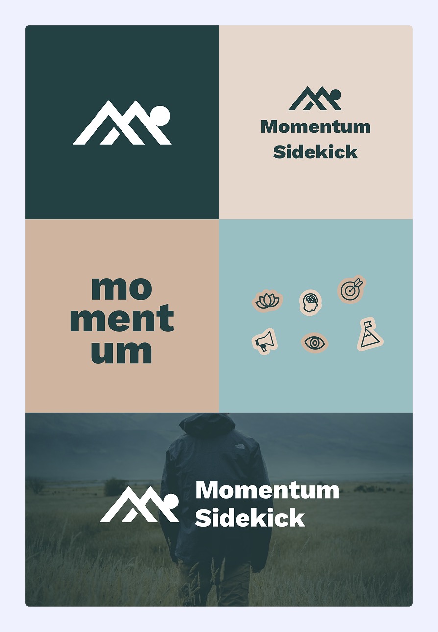 Visual identity collage featuring Momentum Sidekick logo variations including a stylized 'M' with a dot, the words 'Momentum Sidekick', icons of a lotus, brain, target, megaphone, eye, and flag, and a person in outdoor gear walking in a grassy landscape.