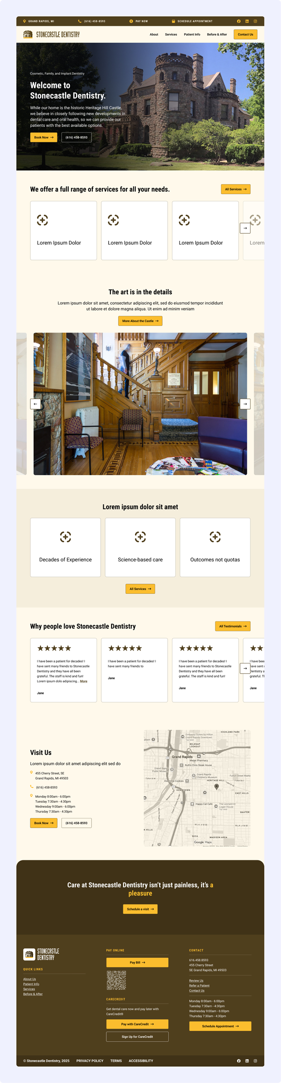 Stonecastle Dentistry website homepage featuring historic Heritage Hill Castle building, service offerings, patient testimonials, contact info with map, and appointment scheduling.