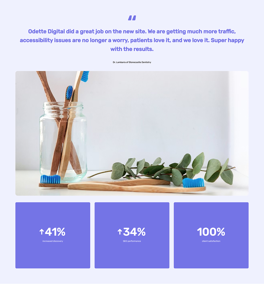 Wooden toothbrushes with blue bristles in a glass jar and one lying on a surface next to green leaves, accompanied by statistics showing 41% increased discovery, 34% SEO performance, and 100% client satisfaction.