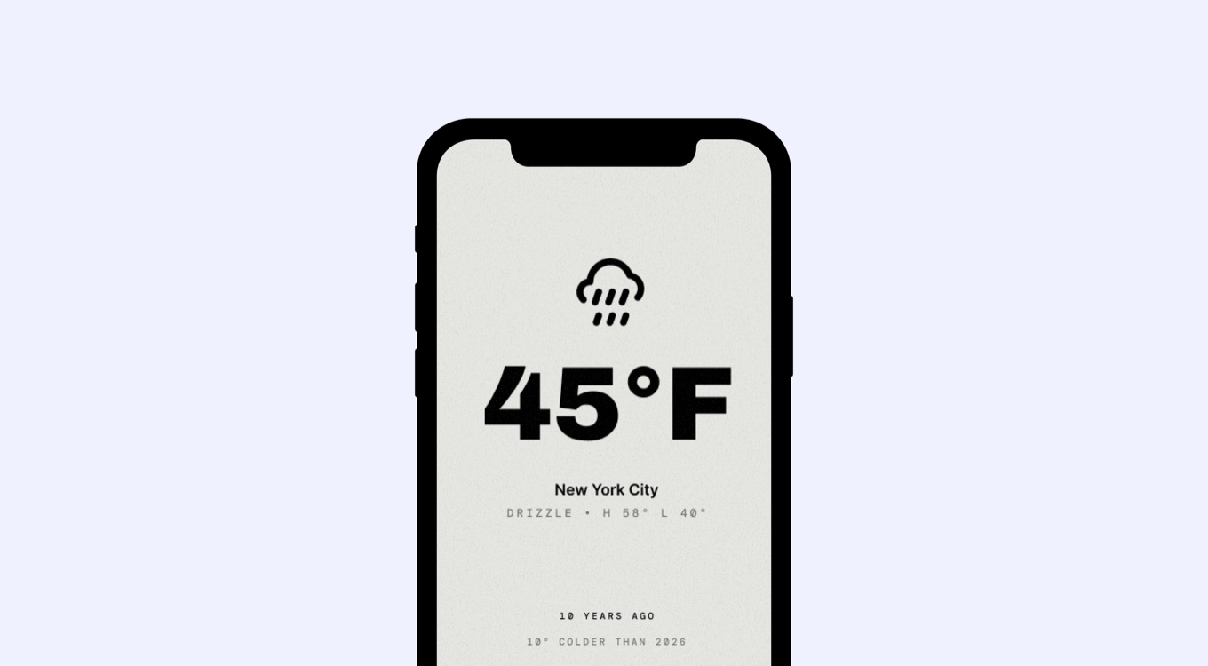 iPhone showing the Yesterweather app with a rain cloud icon, a large 45 degree reading for New York City, drizzle with a high of 58 and low of 40, and a note that ten years ago was 10 degrees colder than 2026.
