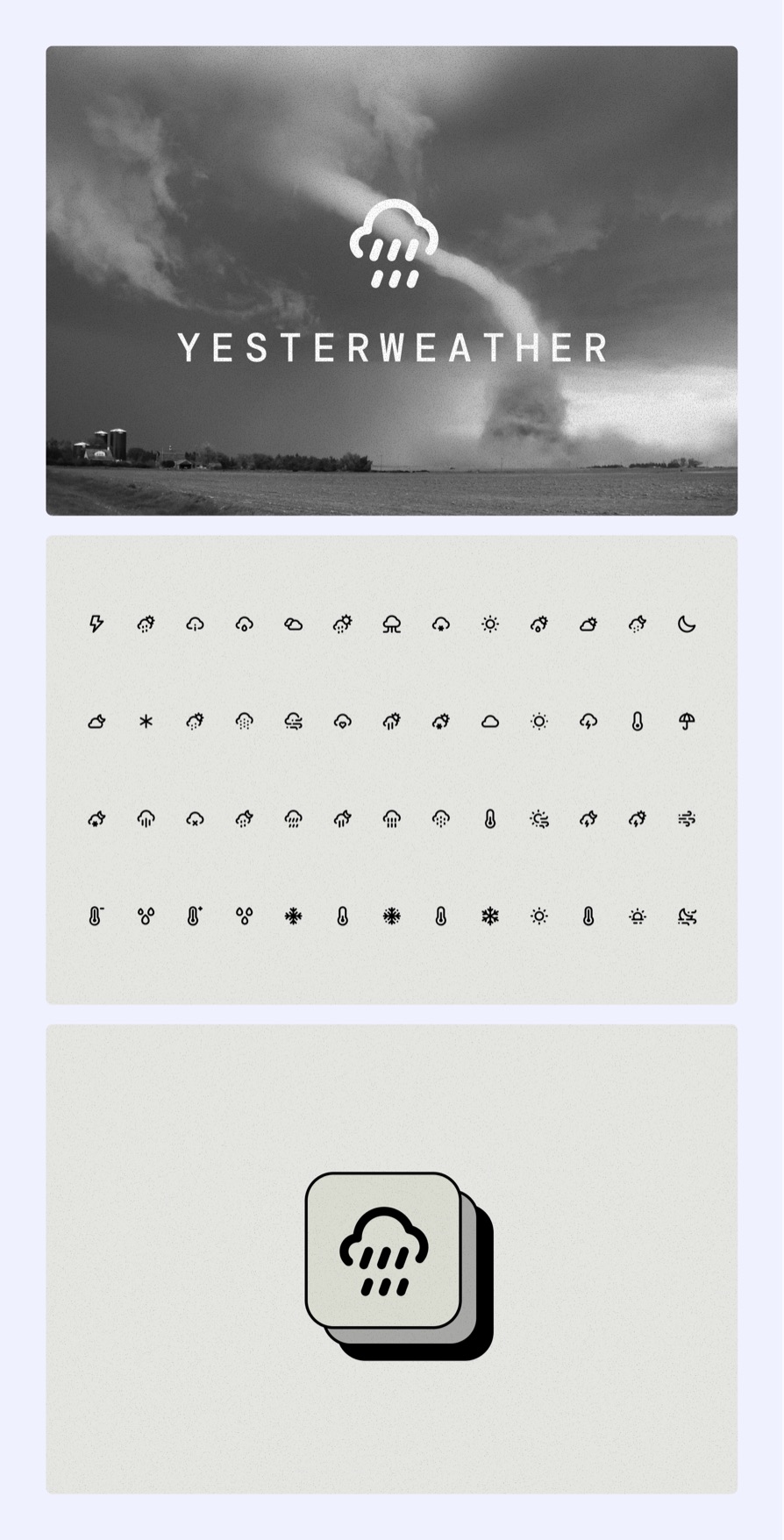 Yesterweather brand board showing the logo over a black and white photo of a tornado over farmland, a full set of line style weather icons, and the stacked app icon.
