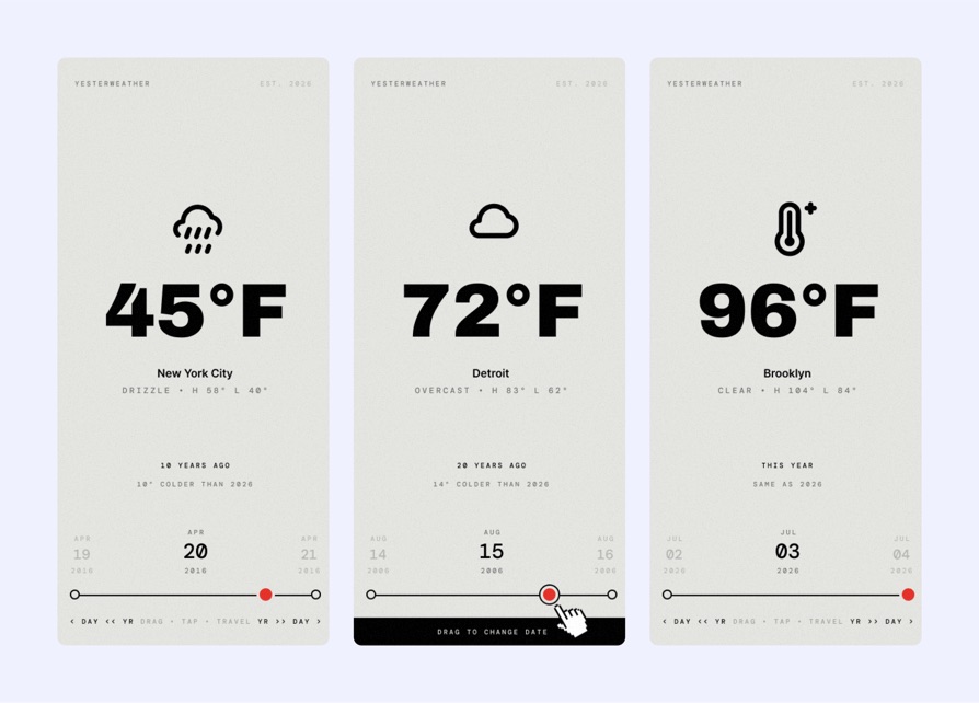Three Yesterweather app screens showing historical temperatures for New York City, Detroit, and Brooklyn, each with a weather icon, conditions, a comparison to 2026, and a date timeline slider at the bottom.